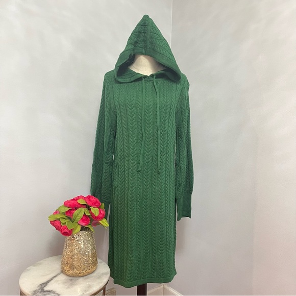 Eliza J Hunter Green Cable Knit Drawstring Hood Sweater Dress- New - Reemoly - Picture 3 of 15